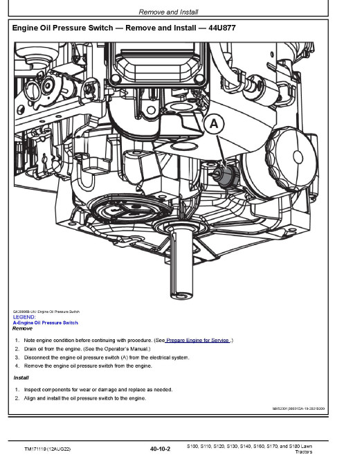John Deere S100, S110, S120, S130, S140, S160, S170 and S180 Lawn Tractors (SN. from 010001) Technical Manual (TM171119)