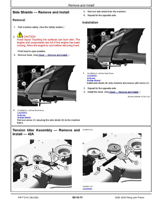John Deere S220 (SN from 010001) and S240 (SN from 880001) Lawn Tractors Technical Manual (TM171219)