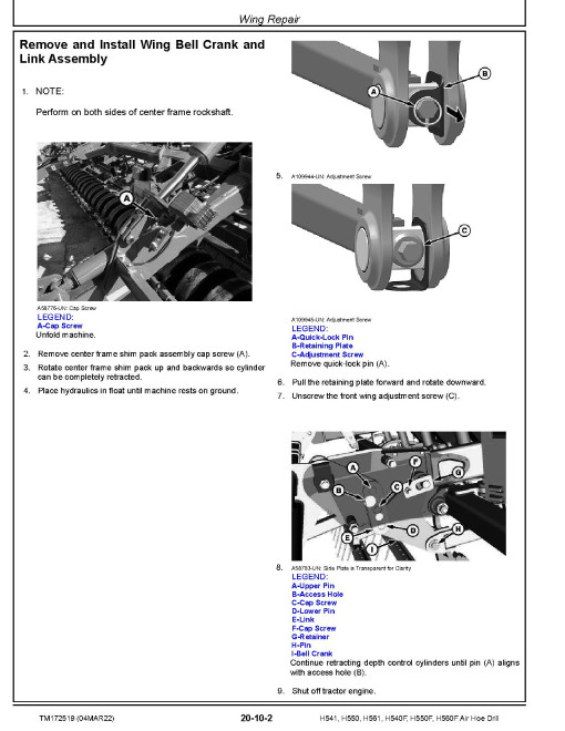 John Deere H540F, H541, H550, H550F, H560F and H561 Air Hoe Drills Technical Manual (TM172519)