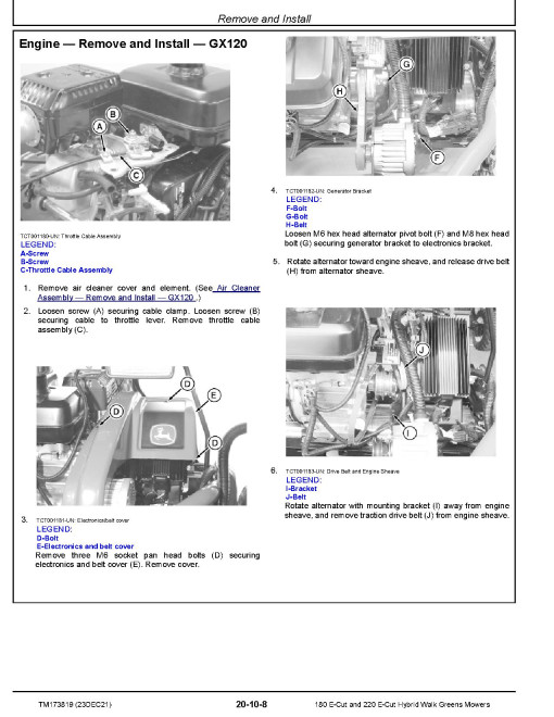 John Deere 180 E-Cut (SN from 100001) and 220 E-Cut (SN from 130001) Hybrid Walk Greens Mowers Technical Manual (TM173819)