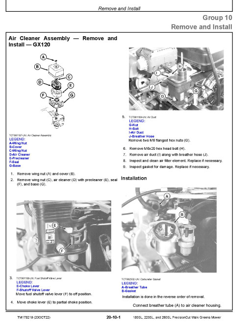 John Deere PrecisionCut 180SL, 220SL and 260SL Walk Greens Mowers (SN. from 130001) Technical Manual (TM178219)