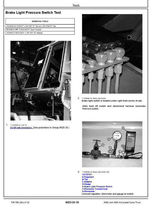 John Deere 350C and 400C Articulated Dump Trucks Operation and Test Manual (TM1789)