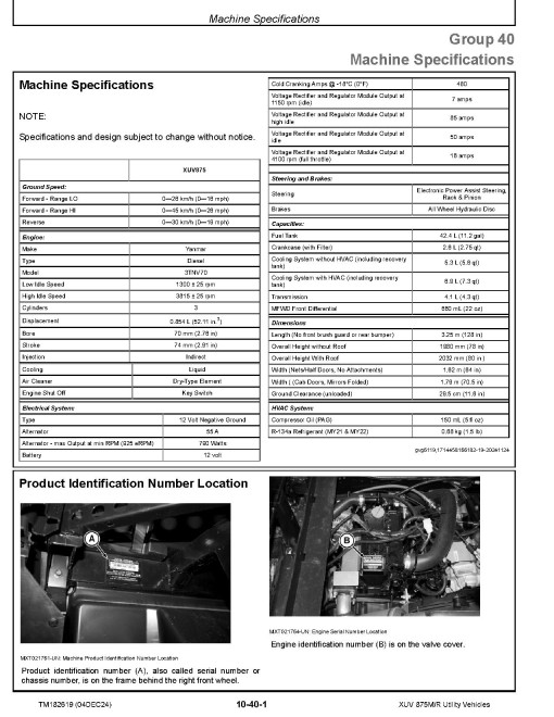 John Deere XUV 875M and XUV 875R Gator Utility Vehicles Technical Manual (TM182619)