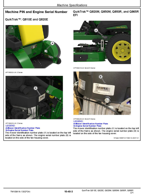 John Deere QuikTrak Q810E, Q820E, Q820M, Q850M, Q850R and Q865R EFI Stand-On Mowers (SN. from 010001) Technical Manual (TM183919)