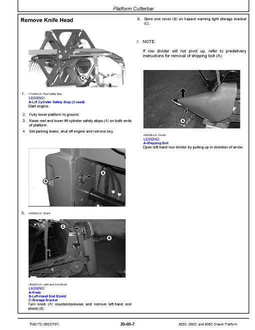 John Deere 925D (SN from 705701), 930D (SN from 705851) and 936D (SN from 705951) Draper Platforms Repair Technical Manual (TM2173)