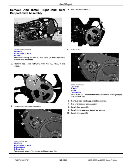 John Deere 925D (SN from 705701), 930D (SN from 705851) and 936D (SN from 705951) Draper Platforms Repair Technical Manual (TM2173)
