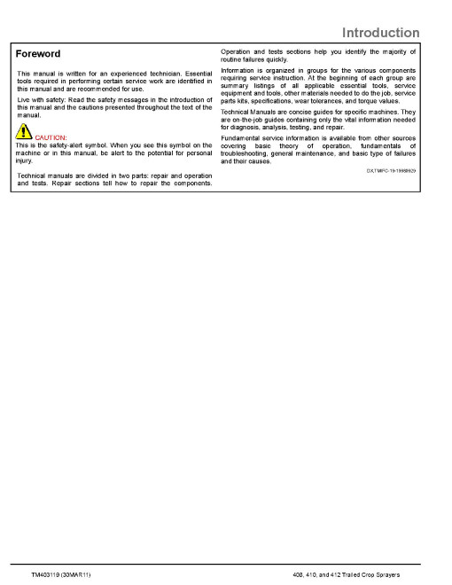 John Deere 408, 410 and 412 Trailed Crop Sprayers Diagnostic Manual (TM403119) John Deere 408, 410 and 412 Trailed Crop Sprayers Diagnostic Manual (TM403119)