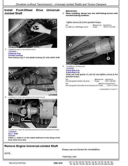 John Deere 6R 110, 6R 120, 6R 130, 6R 140, 6R 145 and 6R 150 Tractors (from MY2022) Repair Manual (TM414919) John Deere 6R 110, 6R 120, 6R 130, 6R 140, 6R 145 and 6R 150 Tractors (from MY2022) Repair Manual (TM414919)