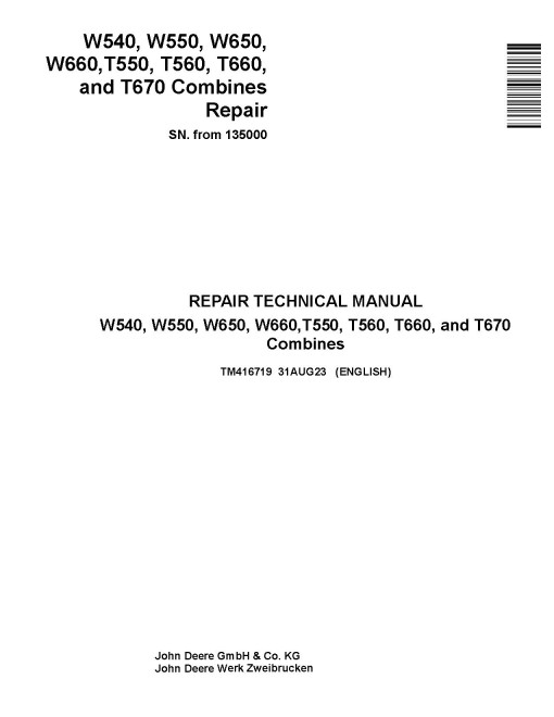 John Deere T550, T560, T660, T670, W540, W550, W650 and W660 Combines Repair Technical Manual (TM416719)