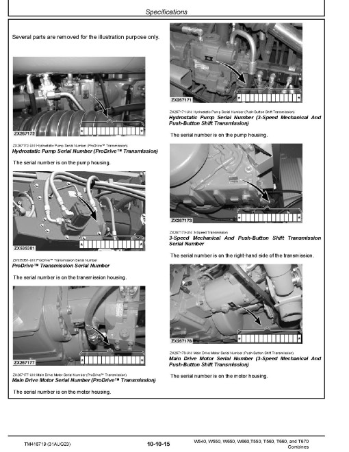 John Deere T550, T560, T660, T670, W540, W550, W650 and W660 Combines Repair Technical Manual (TM416719)