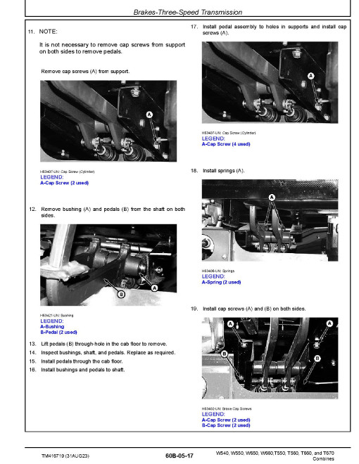 John Deere T550, T560, T660, T670, W540, W550, W650 and W660 Combines Repair Technical Manual (TM416719)