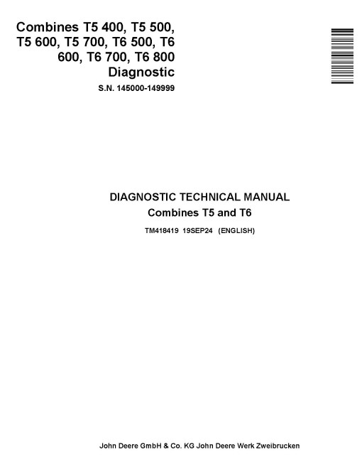 John Deere T5 400, T5 500, T5 600, T5 700, T6 500, T6 600, T6 700, T6 800 (SN: 145000-149999) Combines Diagnostic Manual (TM418419)