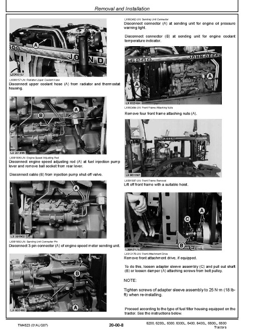 John Deere 6200, 6200L, 6300, 6300L, 6400, 6400L, 6500 and 6500L Tractors (North America) Repair Manual (TM4523) John Deere 6200, 6200L, 6300, 6300L, 6400, 6400L, 6500 and 6500L Tractors (North America) Repair Manual (TM4523)