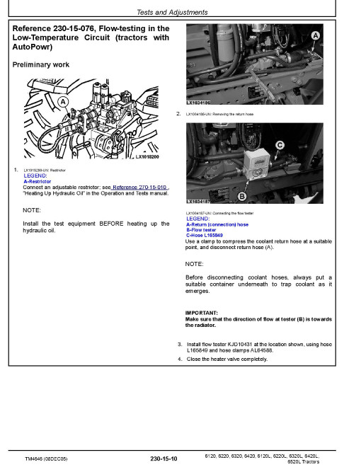 John Deere 6120, 6120L, 6220, 6220L, 6320, 6320L, 6420, 6420L and 6520L Tractors (North America) Operation and Test Manual (TM4646) John Deere 6120, 6120L, 6220, 6220L, 6320, 6320L, 6420, 6420L and 6520L Tractors (North America) Operation and Test Manual (TM4646)