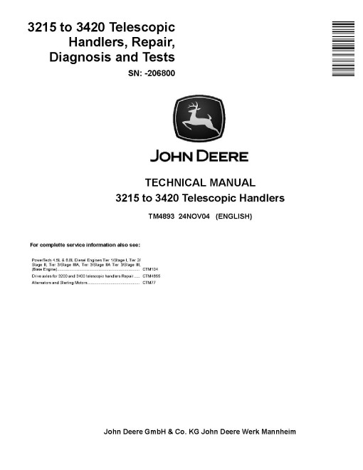 John Deere 3215 and 3420 Telescopic Handlers (SN. up to 206800) Technical Manual (TM4893)