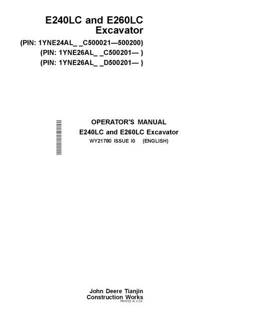 John Deere E240LC (SN:C500021-C500200) and E260LC (SN. from C500201, D500201) Crawler Excavators Operators Manual (WY21780)