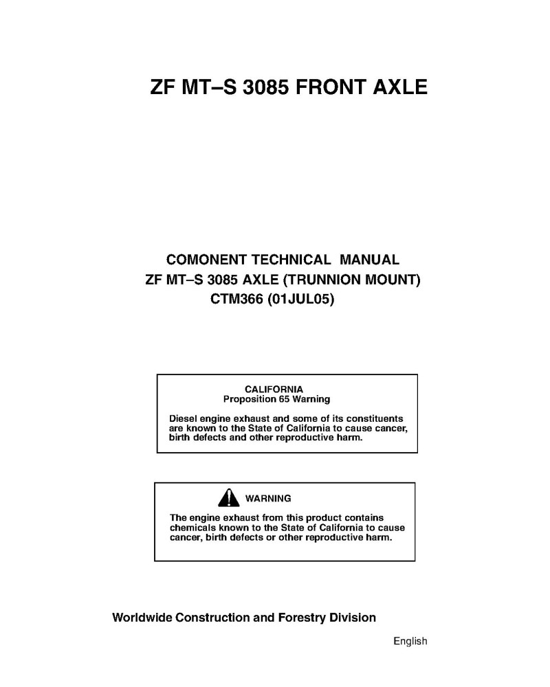 ZF-Multitrac MT–S 3085 Front Axles Component Technical Manual (CTM366)