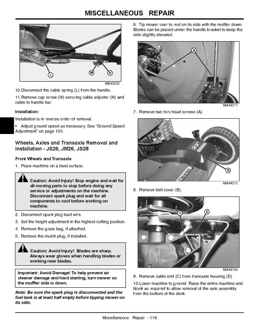 John Deere MowMentum JM26, JM36, JM46, JS26, JS28, JS36, JS38, JS46 and JS48 Walk-Behind Rotary Mowers Technical Manual (TM109519) John Deere MowMentum JM26, JM36, JM46, JS26, JS28, JS36, JS38, JS46 and JS48 Walk-Behind Rotary Mowers Technical Manual (TM109519)