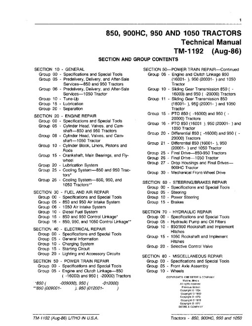 John Deere 1050, 850, 900HC and 950 Utility Tractors Technical Manual (tm1192) John Deere 1050, 850, 900HC and 950 Utility Tractors Technical Manual (tm1192)