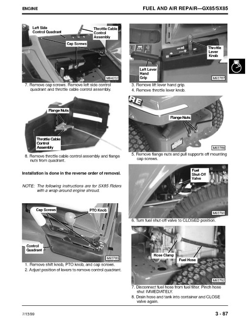 John Deere GX70, GX75, GX85, GX95, SRX75, SRX95 and SX85 Riding Mowers Technical Manual (TM1491) John Deere GX70, GX75, GX85, GX95, SRX75, SRX95 and SX85 Riding Mowers Technical Manual (TM1491)