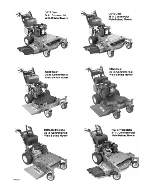 John Deere GS25, GS30, GS45, GS75, HD45 and HD75 Commercial Walk-Behind Mowers Technical Manual (TM1598) John Deere GS25, GS30, GS45, GS75, HD45 and HD75 Commercial Walk-Behind Mowers Technical Manual (TM1598)