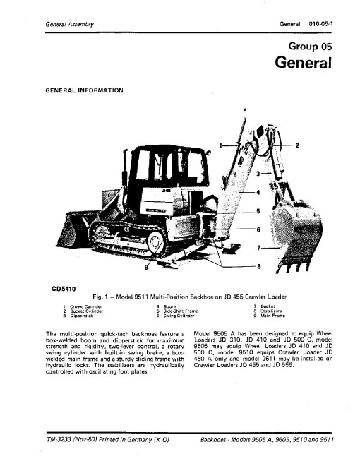 John Deere 9505A, 9510A, 9511 and 9605 Backhoes Technical Manual (TM3233) John Deere 9505A, 9510A, 9511 and 9605 Backhoes Technical Manual (TM3233)