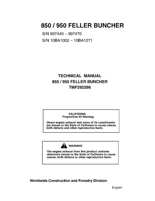 John Deere / TimberJack 850 and 950 Feller Bunchers Technical Manual (TMF292296)