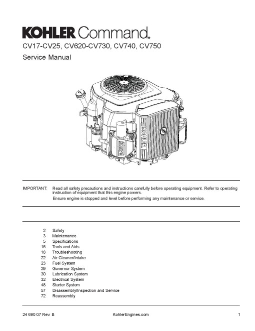 Kohler CV17, CV18, CV20, CV22, CV23, CV25, CV620, CV630, CV640, CV670, CV680, CV730, CV740, CV750 Gas. Engine Service Manual
