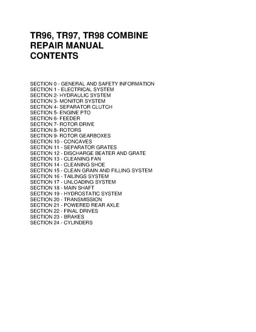 New Holland TR96, TR97 and TR98 Combines Repair Manual (40009630) New Holland TR96, TR97 and TR98 Combines Repair Manual (40009630)