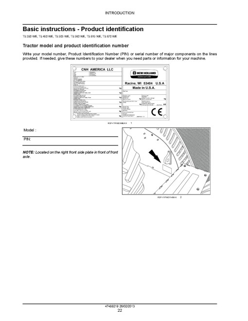 New Holland T9.390, T9.450, T9.505, T9.560, T9.615 and T9.670 4WD Articulated Tractors (North American Edition) Service Manual (47488219)
