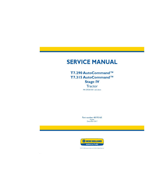 New Holland AutoCommand Sidewinder II T7.290 and T7.315 Tractors (Europe) Service Manual (48193165)