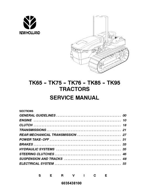 New Holland TK100A, TK65, TK70A, TK75, TK75A, TK76, TK80A, TK85, TK90A and TK95 Crawler Tractors Service Manual (6035438100)