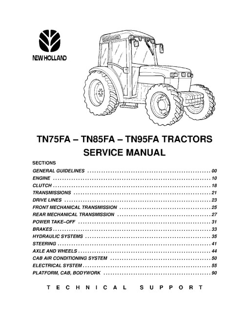 New Holland TN75FA, TN85FA and TN95FA Tractors Service Manual (6035445100)