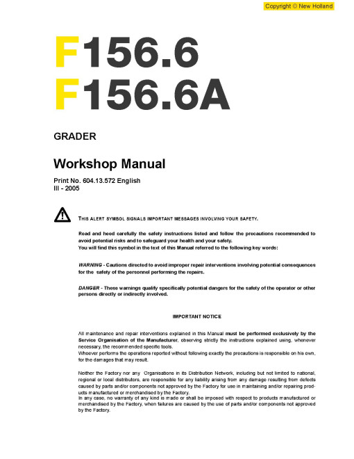 New Holland F156.6 and F156.6A Motor Graders Workshop Manual (60413572)