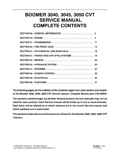 New Holland Boomer 3040, 3045 and 3050 Compact Tractors With Cab and CVT Transmission Service Manual (84126849)