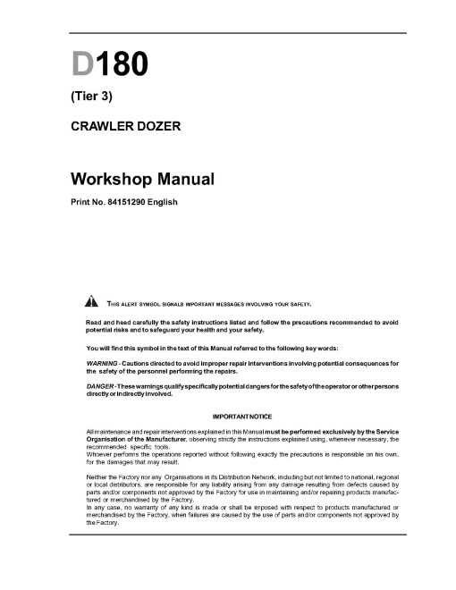 New Holland D180 Tier 3 Crawler Dozers Workshop Manual (84151290) New Holland D180 Tier 3 Crawler Dozers Workshop Manual (84151290)
