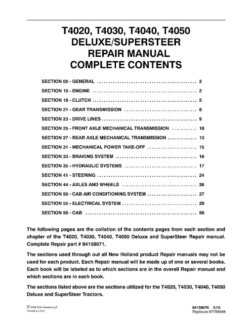 New Holland Deluxe T4020, T4030, T4040, T4050, SuperSteer T4020, T4030, T4040 and T4050 Tractors Repair Manual (84158071)