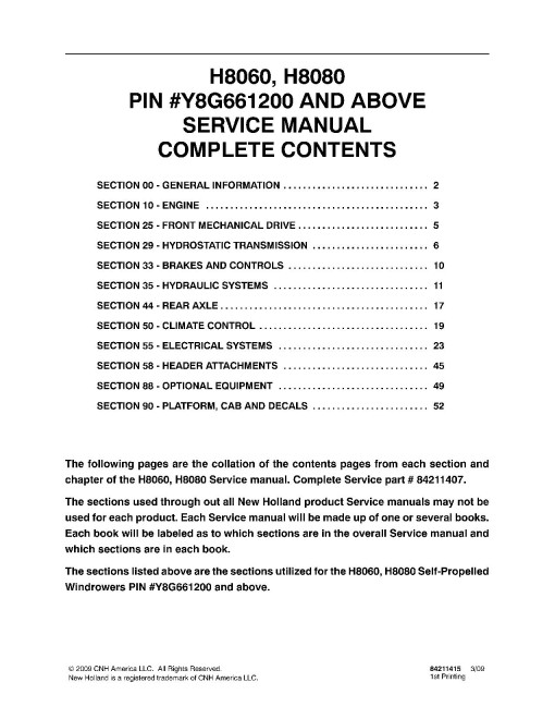New Holland H8060 and H8080 Self-Propelled Windrowers Repair Manual (84211407)