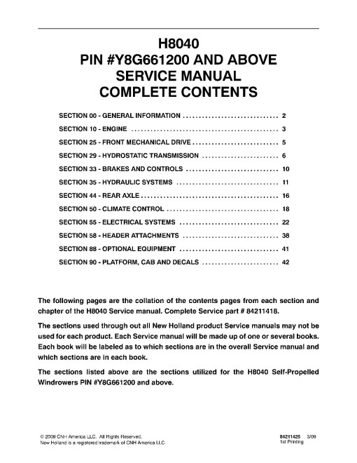 New Holland H8040 (SN from Y8G661200) Self-Propelled Windrowers Service Manual (84211418)