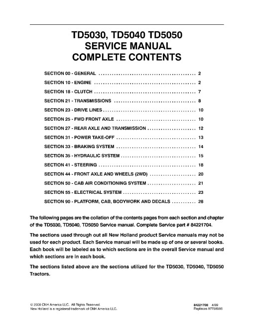 New Holland TD5030, TD5040 and TD5050 Tractors Service Manual (84221704)