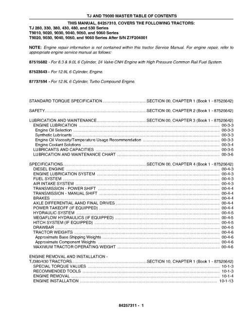 New Holland T9010, T9020, T9030, T9040, T9050, T9060, TJ280, TJ330, TJ380, TJ430, TJ480 and TJ530 4WD Articulated Tractors set of Service Manuals (84257310) New Holland T9010, T9020, T9030, T9040, T9050, T9060, TJ280, TJ330, TJ380, TJ430, TJ480 and TJ530 4WD Articulated Tractors set of Service Manuals (84257310)