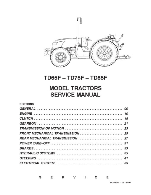 New Holland TD65F, TD75F and TD85F Tractors Service Manual (84285941)