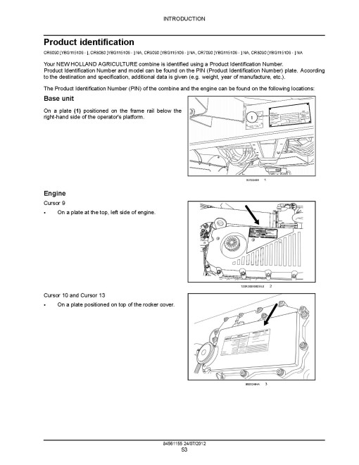 New Holland CR6090, CR7090, CR8080, CR8090 and CR9090 Tier 4A Combines Service Manual (84561155)