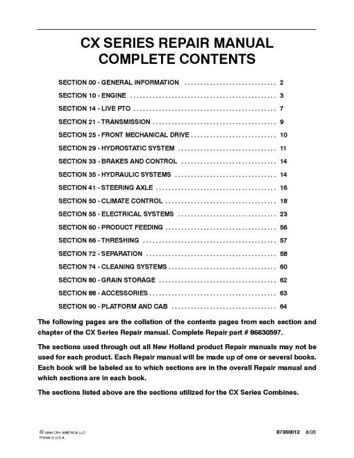 New Holland CX720, CX740, CX760, CX780, CX820, CX840, CX860 and CX880 Combines Repair Manual (86630597)