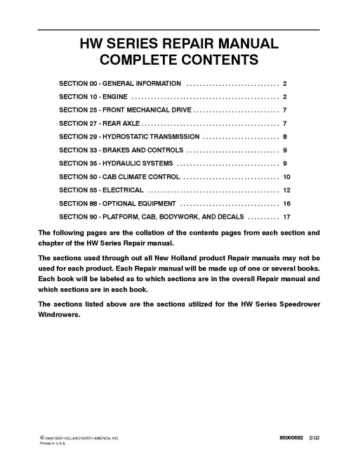 New Holland HW300, HW320 and HW340 Self-Propelled Windrowers Repair Manual (86637556)