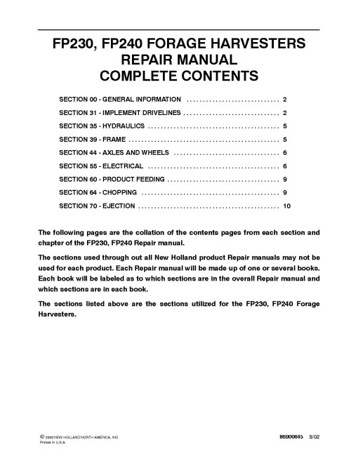 New Holland FP230 and FP240 Pull-Type Forage Harvesterss Repair Manual (86900642)