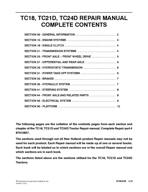 New Holland TC18, TC21D and TC24D Compact Tractors Repair Manual (87012847) New Holland TC18, TC21D and TC24D Compact Tractors Repair Manual (87012847)