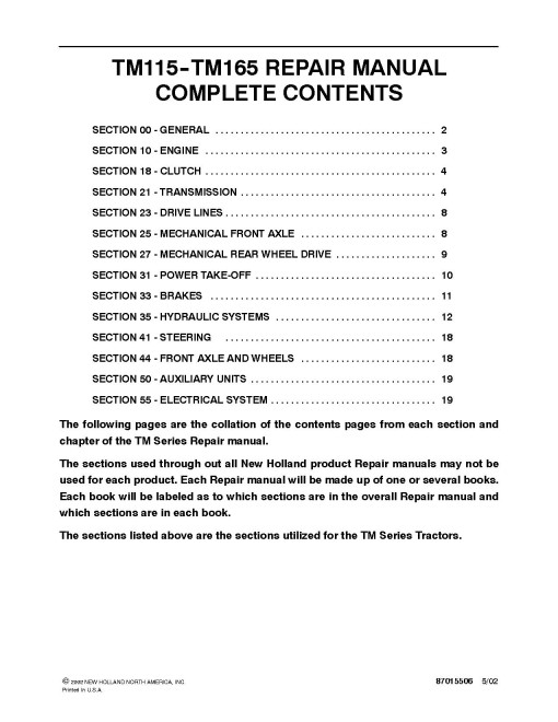 New Holland TM115, TM125, TM135, TM150 and TM165 Tractors Repair Manual (87015498) New Holland TM115, TM125, TM135, TM150 and TM165 Tractors Repair Manual (87015498)