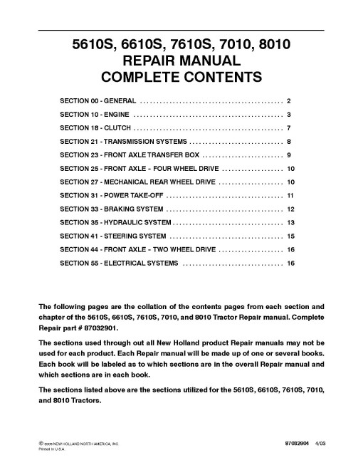 New Holland 5610S, 6610S, 7010, 7610S and 8010 Tractors Repair Manual (87032901) New Holland 5610S, 6610S, 7010, 7610S and 8010 Tractors Repair Manual (87032901)