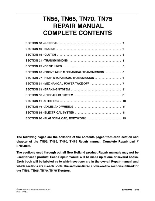 New Holland TN55, TN65, TN70 and TN75 Tractors Repair Manual (87034092) New Holland TN55, TN65, TN70 and TN75 Tractors Repair Manual (87034092)